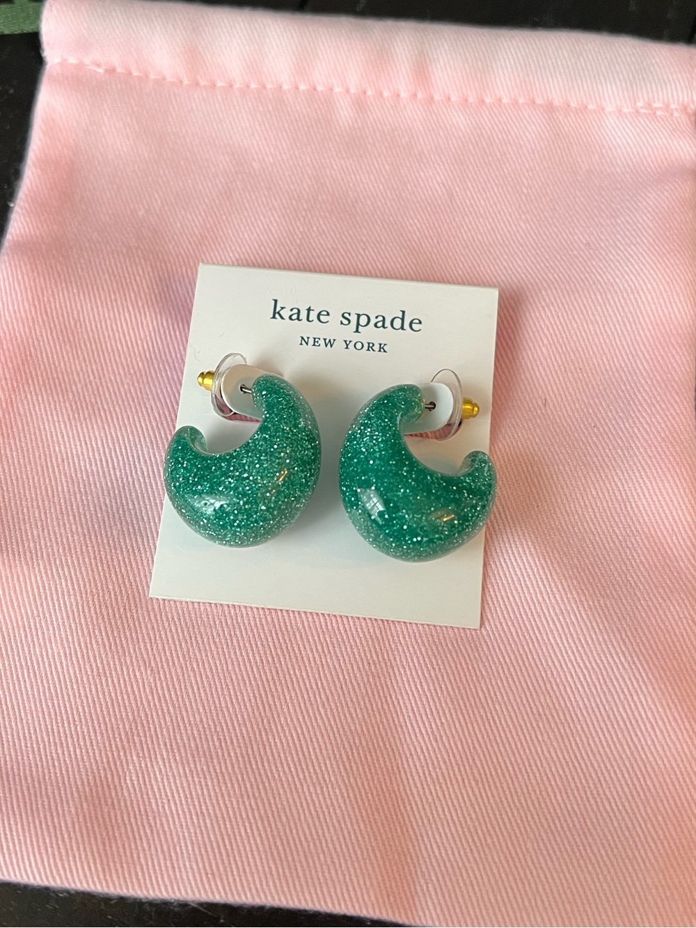 Kate Spade green glitter crescent moon stud earrings